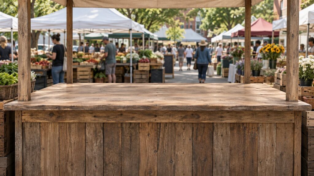 An empty wooden market stall with a wide bare counter, with a busy American street market out of focus behind it.