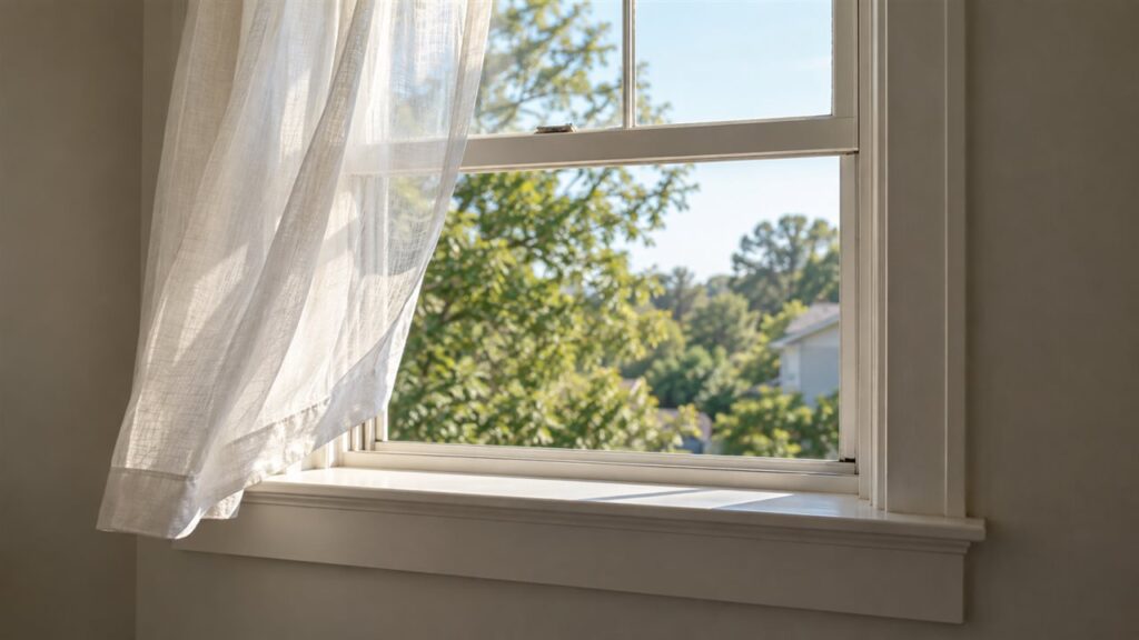A sash window pushed open in an American house, a light curtain drawn in by the breeze and green trees outside.