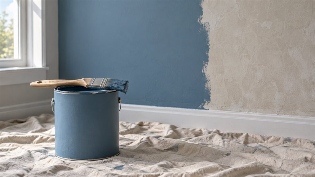 An open can of blue paint with a brush across the rim on a dust sheet, in front of a wall that is half painted blue and half bare plaster.