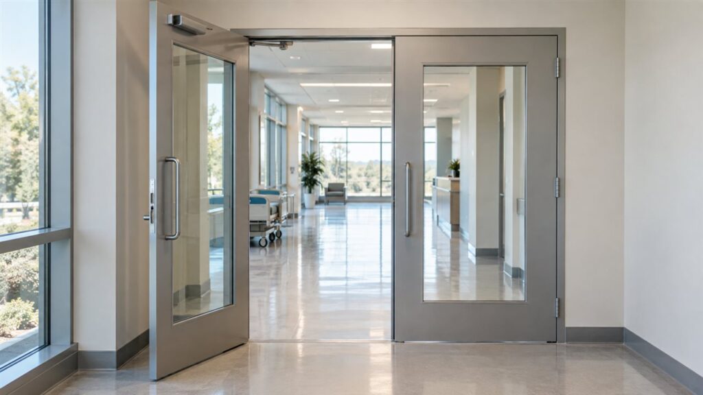 Open glass doors onto a bright hospital corridor in an American medical building, with a bed and empty seating further down.