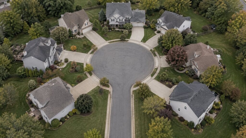 An aerial view of an American cul-de-sac: a ring of houses around a closed circle of road with a single way in and out.