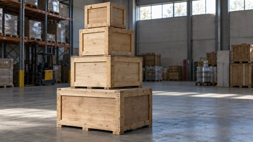 Four wooden crates of different sizes stacked on the floor of a warehouse, the largest one at the bottom carrying the rest.