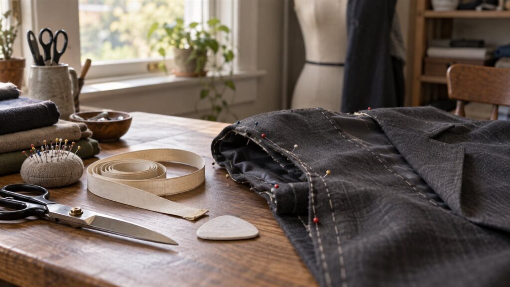 A tailor's table by a window with a half-made grey garment pinned along its seams, a pincushion, tape measure and shears beside it, and a dress form behind.