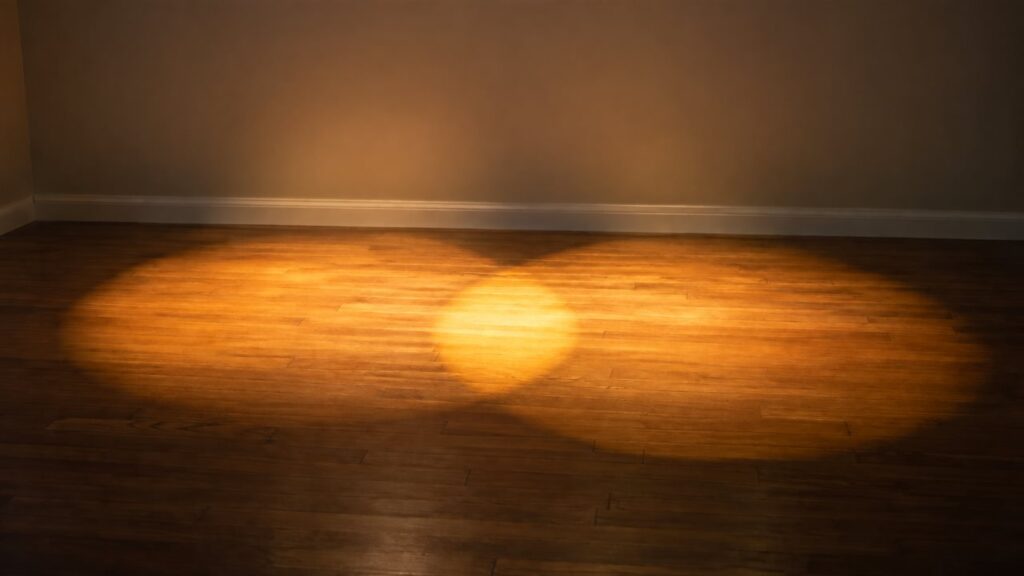 Two overlapping circles of warm lamplight on the bare wooden floor of an empty room, the area where they overlap noticeably brighter than either on its own.