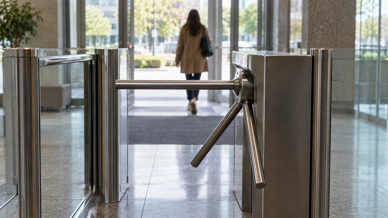 A metal one-way turnstile in the lobby of an American building, seen from behind as someone walks away through the doors.