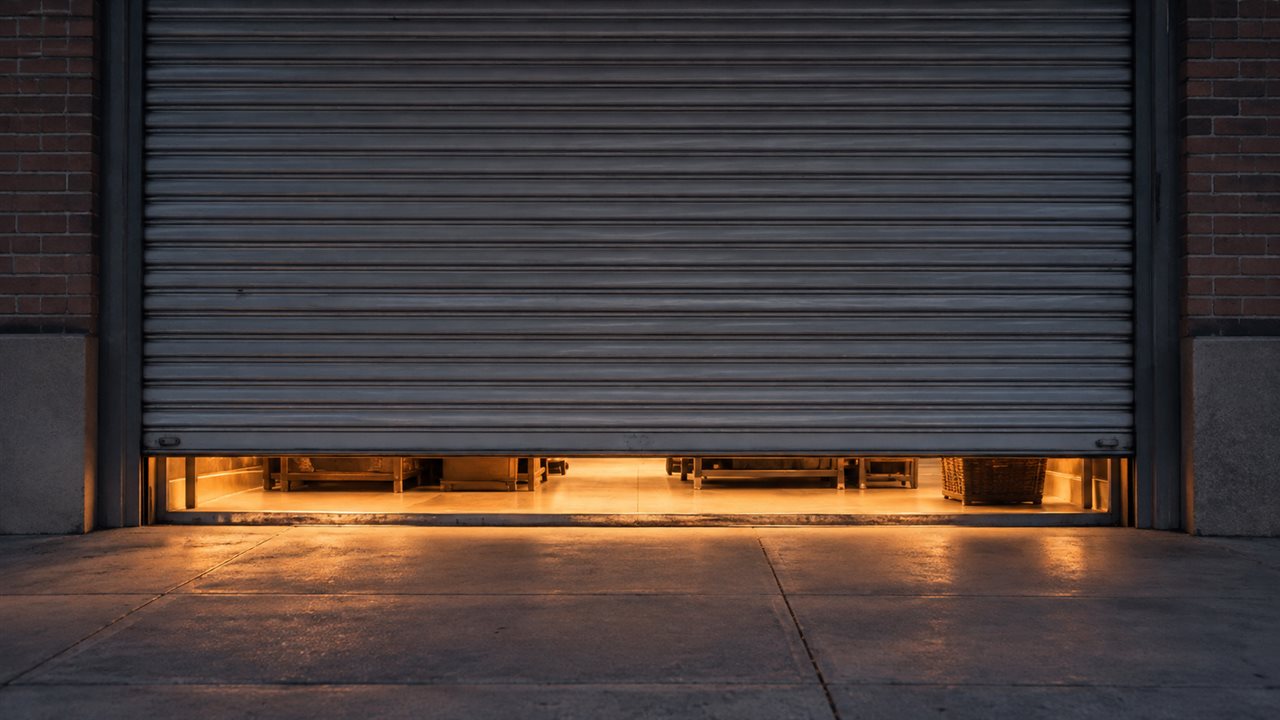 The metal roll-down shutter of an American storefront lowered almost to the ground at dusk, with warm light still spilling out through the low gap onto the sidewalk.
