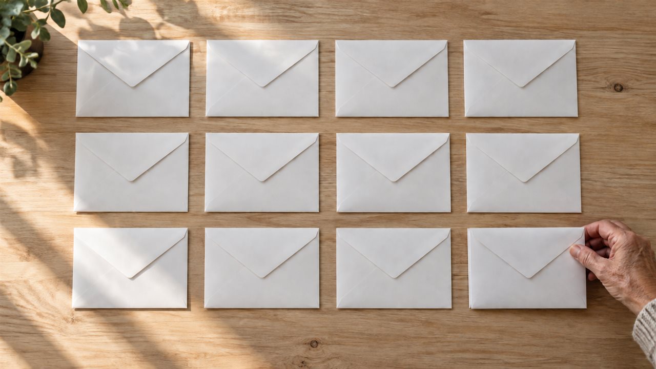 Twelve identical sealed white envelopes laid out in a grid on a sunlit wooden table, with an older person's hand setting the last one in place.