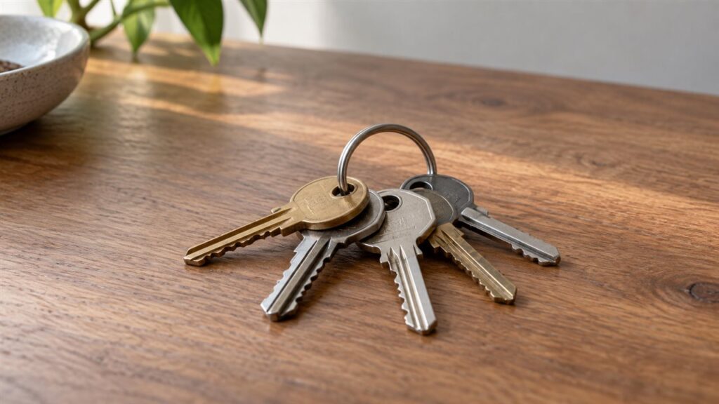 A single key ring on a wooden table holding five different keys fanned out beside it.